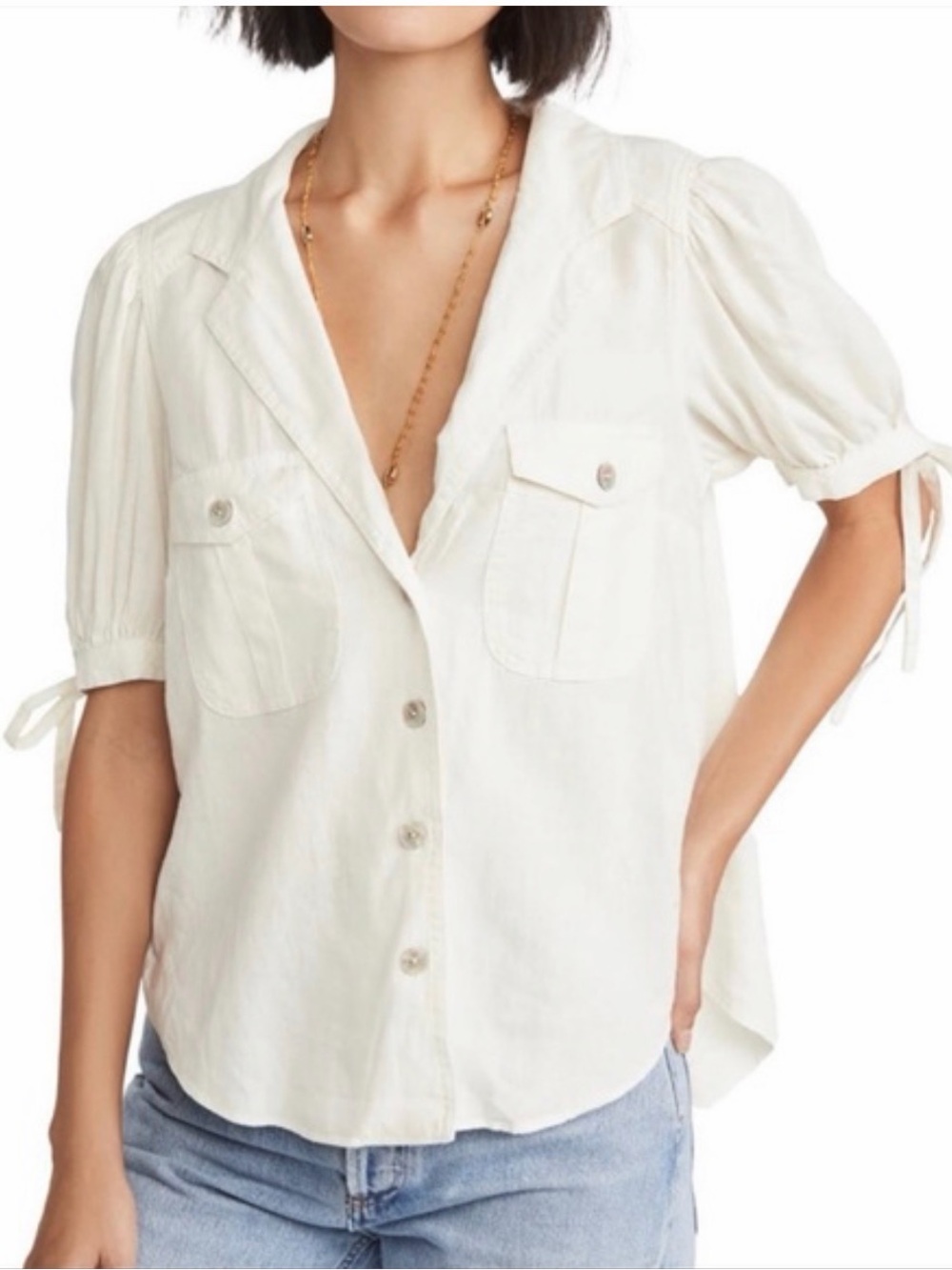 Free People Angel Food Linen Blend Utility Blouse XS NWT $88